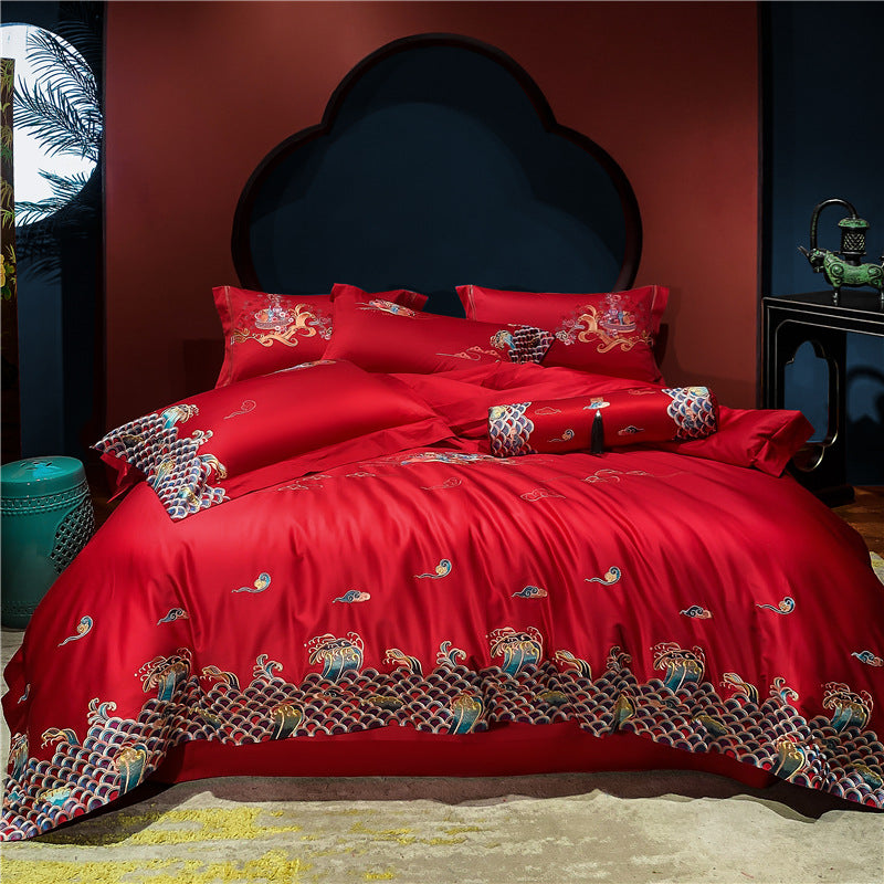 Four-piece Red Wedding Set Long-staple Cotton Embroidery