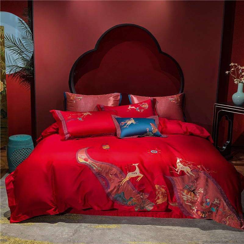 Four-piece Red Wedding Set Long-staple Cotton Embroidery