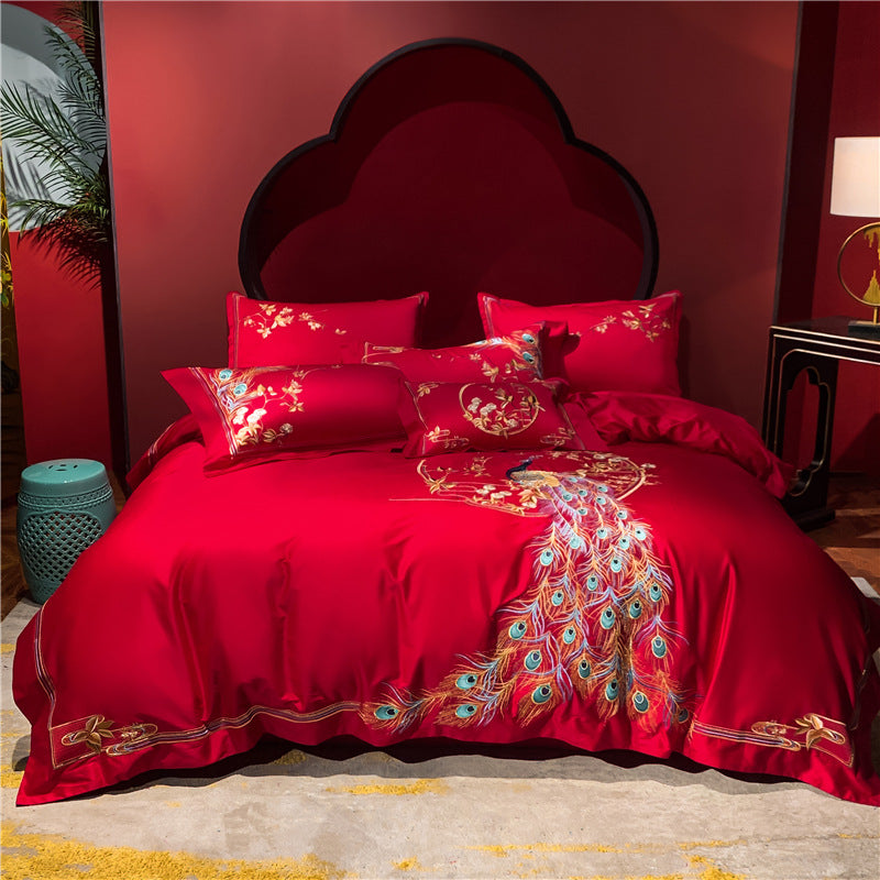 Four-piece Red Wedding Set Long-staple Cotton Embroidery