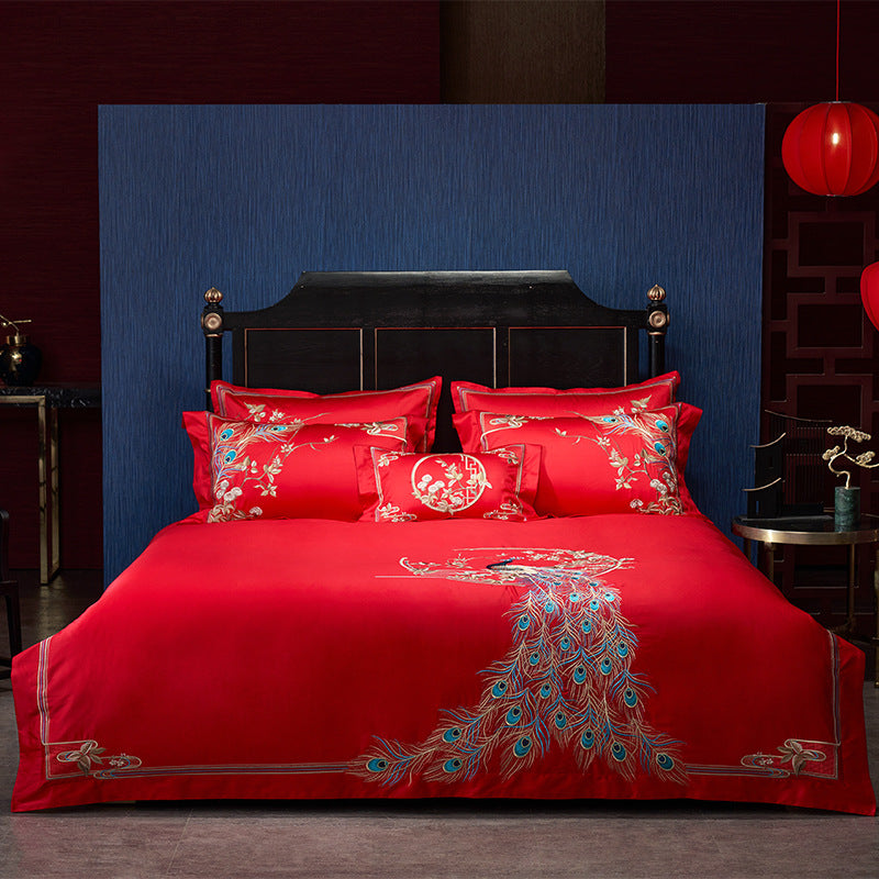 Four-piece Red Wedding Set Long-staple Cotton Embroidery