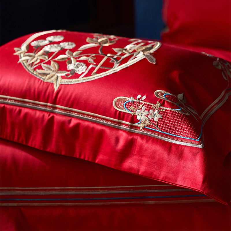 Four-piece Red Wedding Set Long-staple Cotton Embroidery