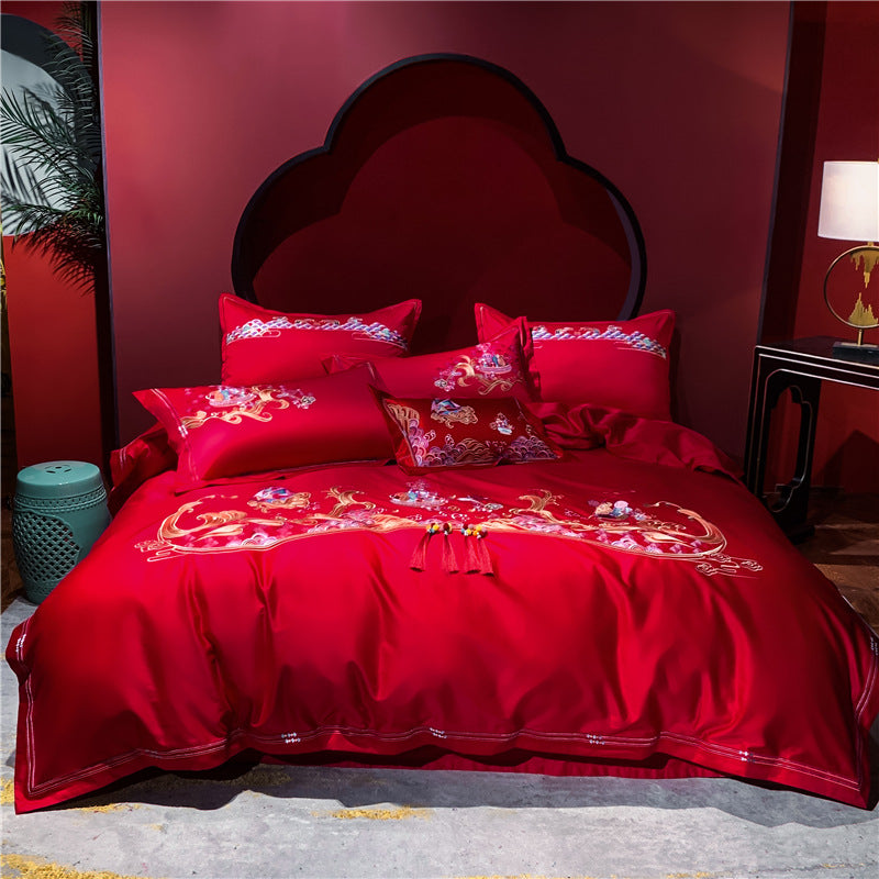 Four-piece Red Wedding Set Long-staple Cotton Embroidery