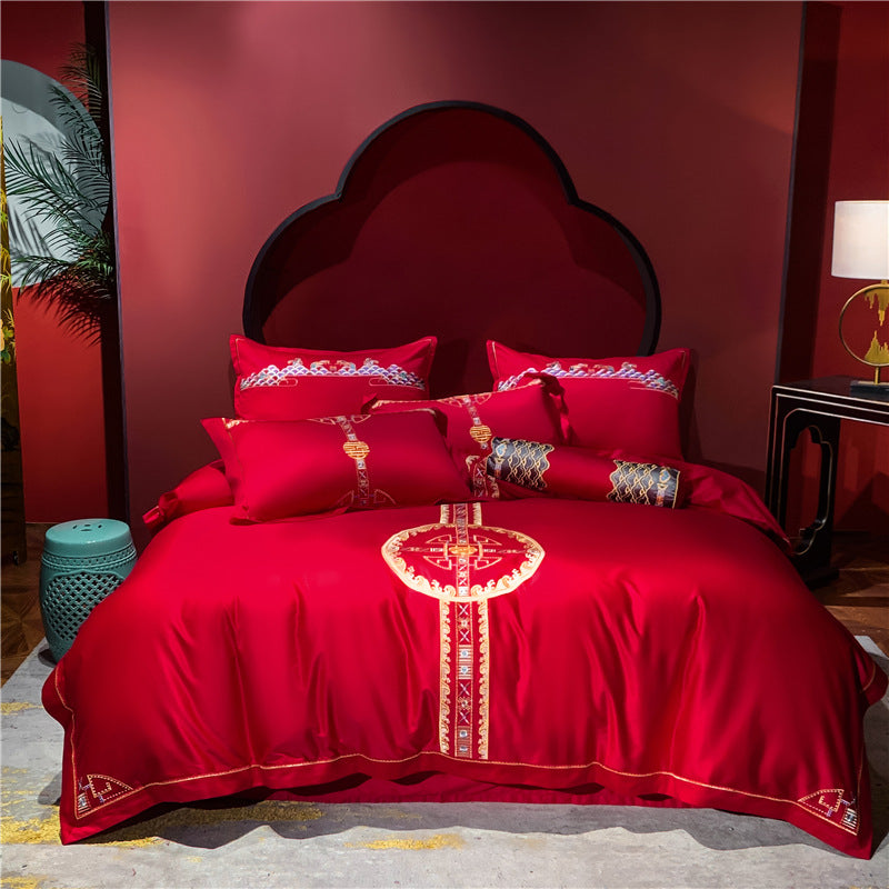 Four-piece Red Wedding Set Long-staple Cotton Embroidery