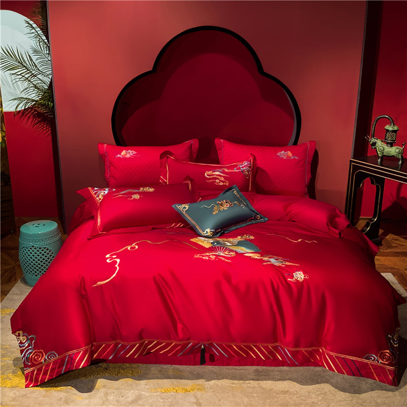 Four-piece Red Wedding Set Long-staple Cotton Embroidery